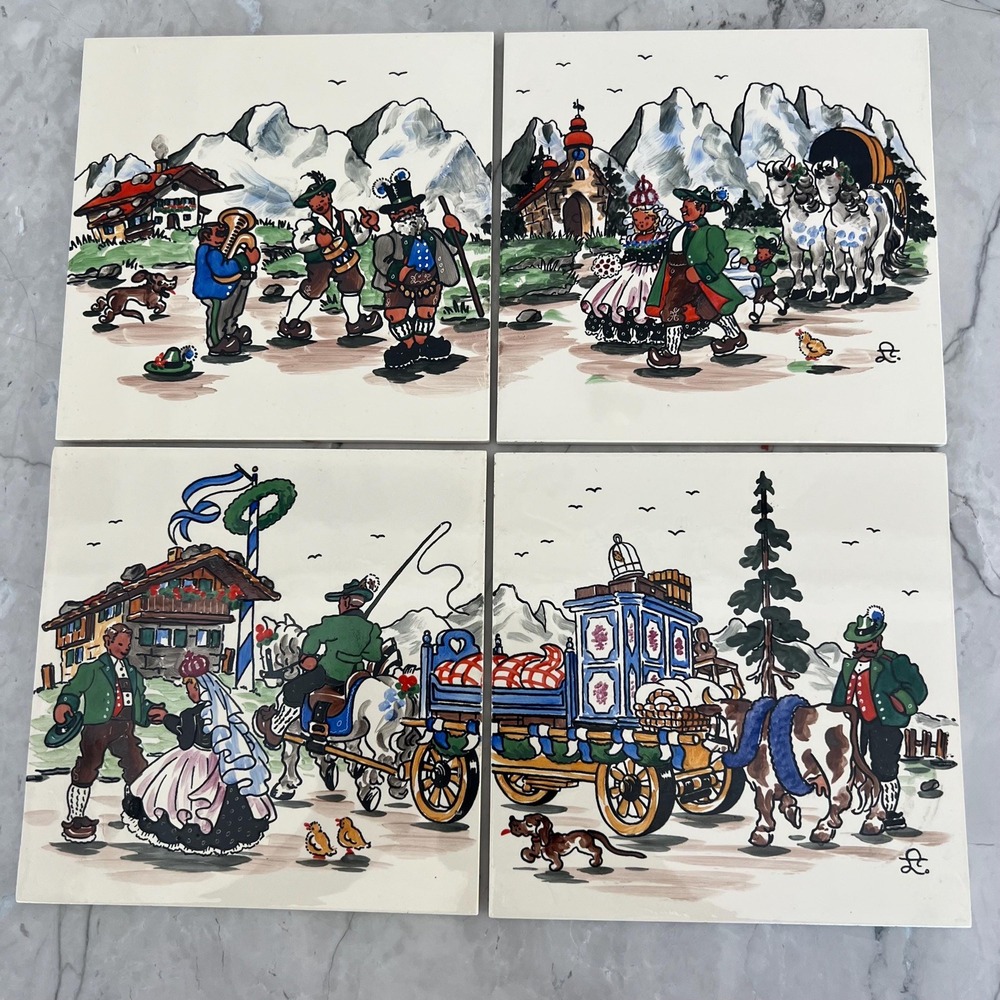 Vintage Handpainted tiles of scenes from Germany - set of 4 tiles - 2 scenes
